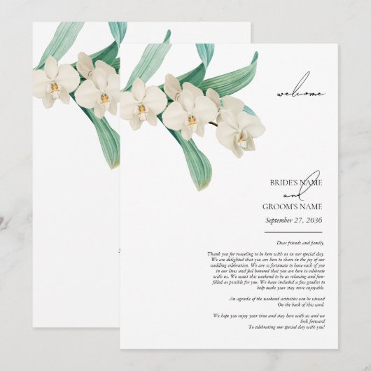 Watercolor White Orchids Floral Wedding Itinerary プログラム (正面/裏面)