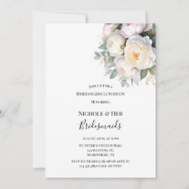 Watercolor White Peonies Bridesmaids Luncheon 招待状