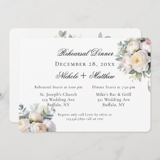 Watercolor White Peonies Wedding Rehearsal Dinner 招待状 (正面/裏面)