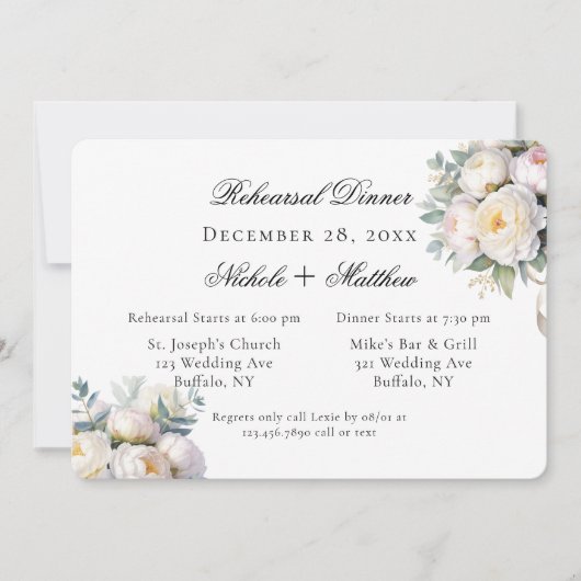 Watercolor White Peonies Wedding Rehearsal Dinner 招待状 (正面)