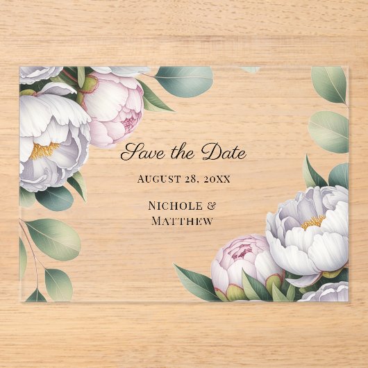 Watercolor White Peonies Wedding Save the Date アクリル招待状 (正面)