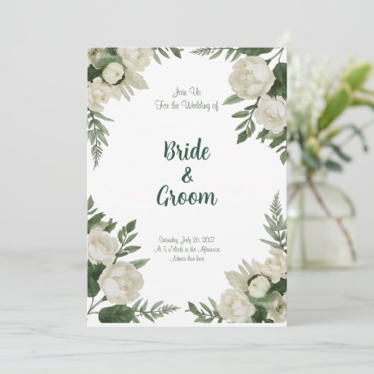 Watercolor White Peony Lush Green Botanical 招待状 (スタンド正面)