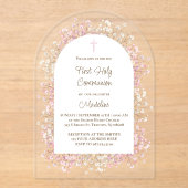 watercolor white pink flowers First Communion アクリル招待状 (正面)