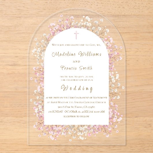 watercolor white pink flowers Wedding アクリル招待状 (正面)