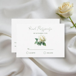 Watercolor White Rose Elegant Botanical Wedding 出欠カード