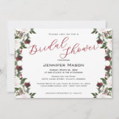 Watercolor White Roses Cranberry Bridal Shower 招待状 (正面)