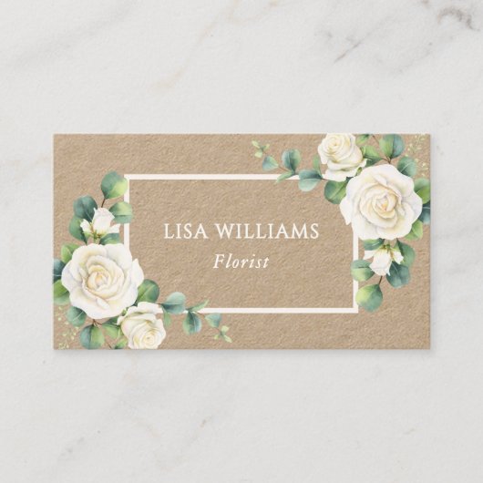 Watercolor White Roses Greenery Rustic 名刺 (正面)