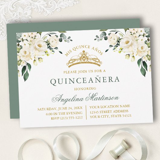 Watercolor White Roses Sage Green Gold Quinceanera 招待状