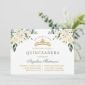 Watercolor White Roses Sage Green Gold Quinceanera 招待状 (スタンド正面)