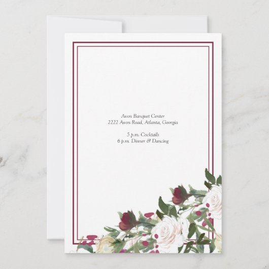 Watercolor White Roses with Cranberry Wedding 招待状 (裏面)