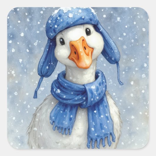 Watercolor White Winter Goose With Blue Scarf スクエアシール (正面)