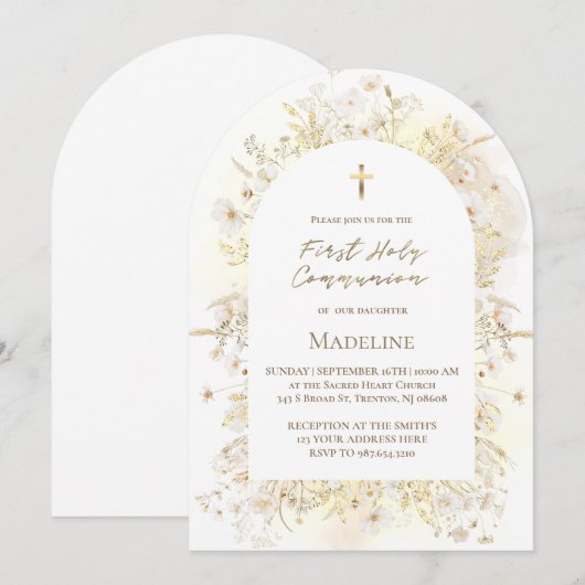 watercolor white yellow flowers First Communion 招待状 (正面/裏面)