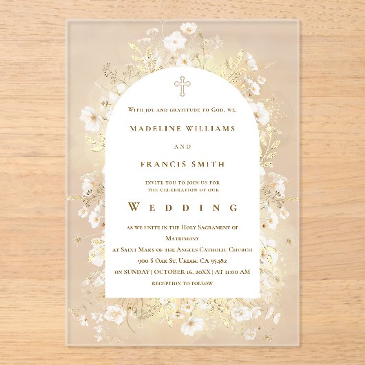 watercolor white yellow flowers Wedding アクリル招待状 (正面)