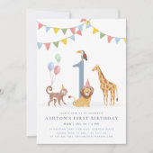 Watercolor Wild Animals First Birthday 招待状 (正面)