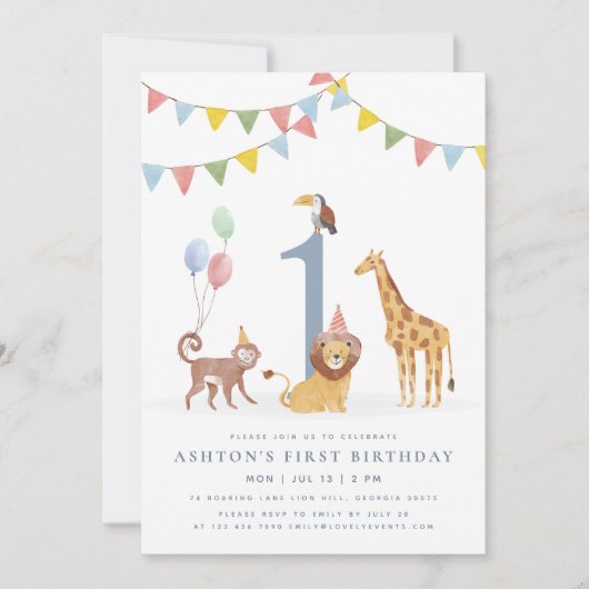 Watercolor Wild Animals First Birthday 招待状 (正面)