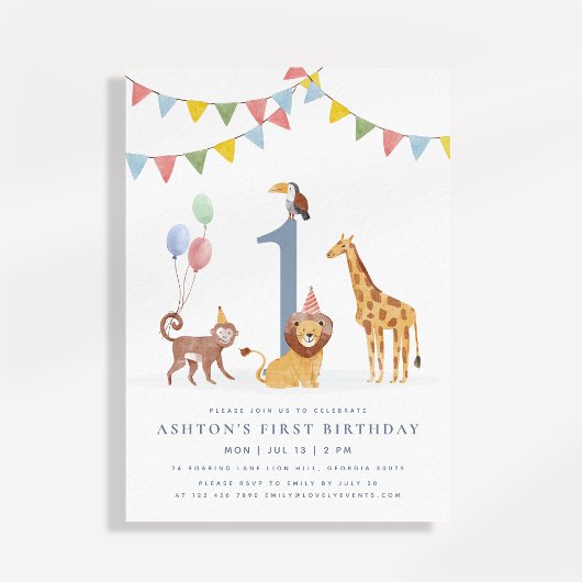 Watercolor Wild Animals First Birthday 招待状