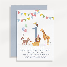 Watercolor Wild Animals First Birthday 招待状