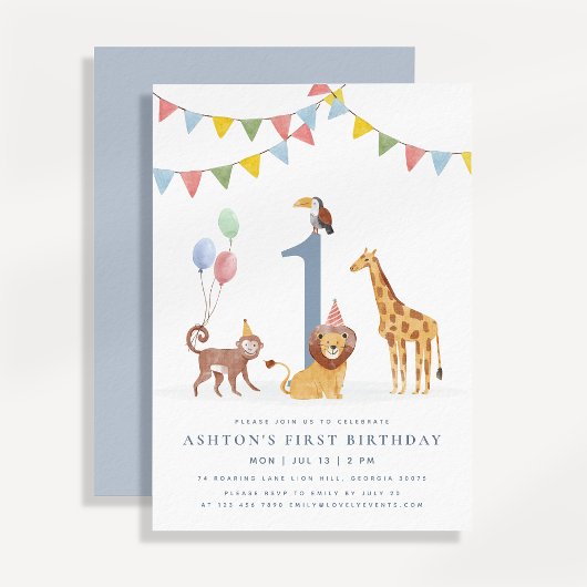 Watercolor Wild Animals First Birthday 招待状