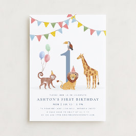 Watercolor Wild Animals First Birthday 招待状