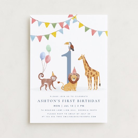 Watercolor Wild Animals First Birthday 招待状