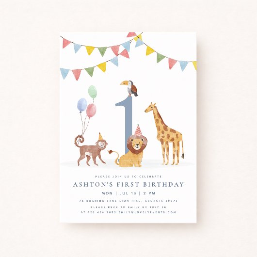 Watercolor Wild Animals First Birthday 招待状