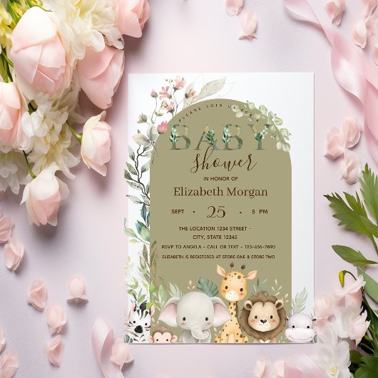 Watercolor Wild Animals Flowers Baby Shower   招待状