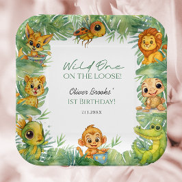 Watercolor Wild One Jungle 1st Birthday Plates ペーパープレート
