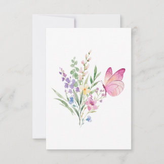Watercolor Wildflower Bouquet with Pink Butterfly サンキューカード