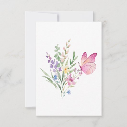 Watercolor Wildflower Bouquet with Pink Butterfly サンキューカード (正面)