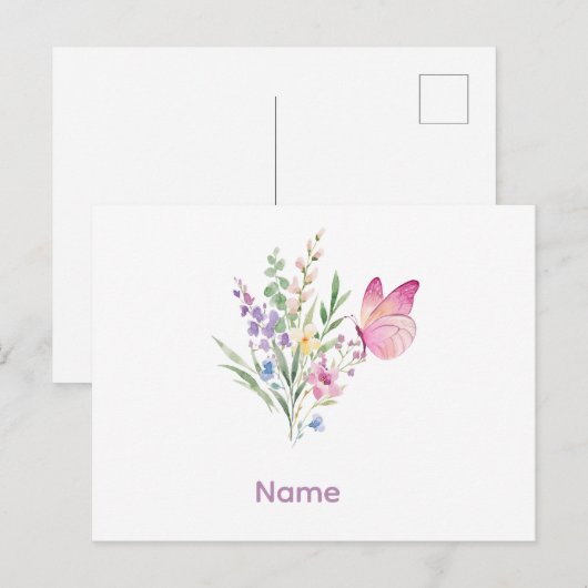 Watercolor Wildflower Bouquet with Pink Butterfly ポストカード (正面/裏面)