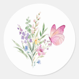 Watercolor Wildflower Bouquet with Pink Butterfly ラウンドシール