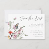 Watercolor Wildflower Butterfly Modern Wedding セーブザデート (正面)