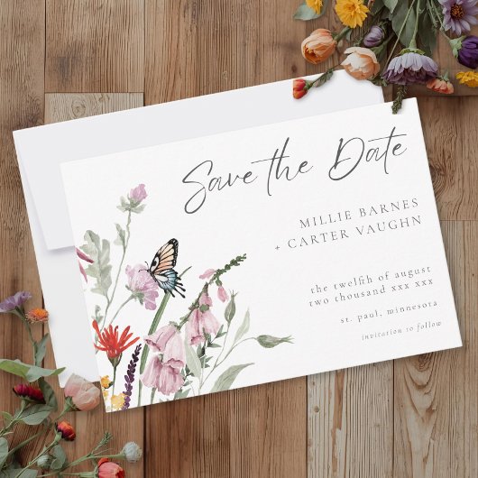 Watercolor Wildflower Butterfly Modern Wedding セーブザデート