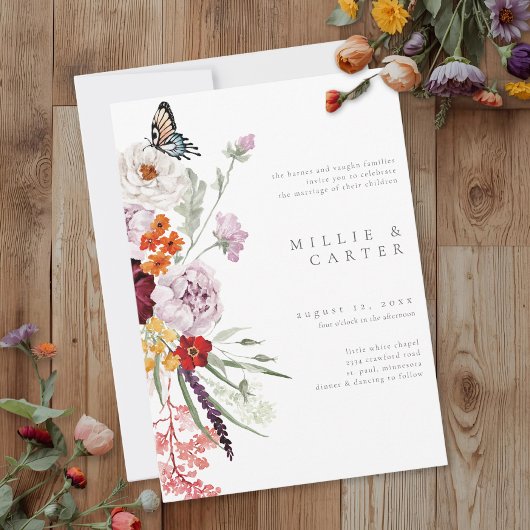 Watercolor Wildflower Butterfly Modern Wedding 招待状