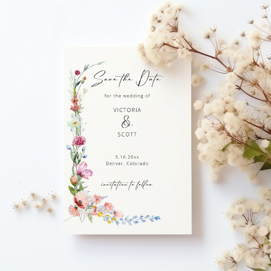 Watercolor Wildflower Calligraphy Save the Date マグネット招待状