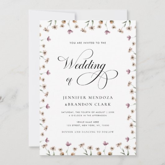 Watercolor Wildflower Classic Calligraphy Wedding 招待状 (正面)