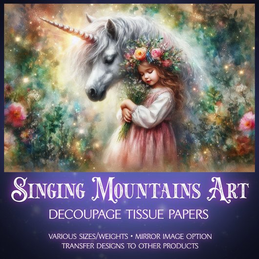 Watercolor Wildflower Fantasy Unicorn Decoupage  薄葉紙