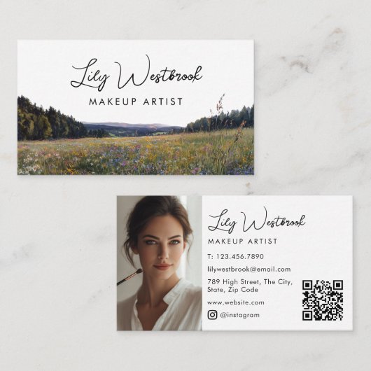 Watercolor Wildflower Floral Script Photo QR Code 名刺 (正面/裏面)