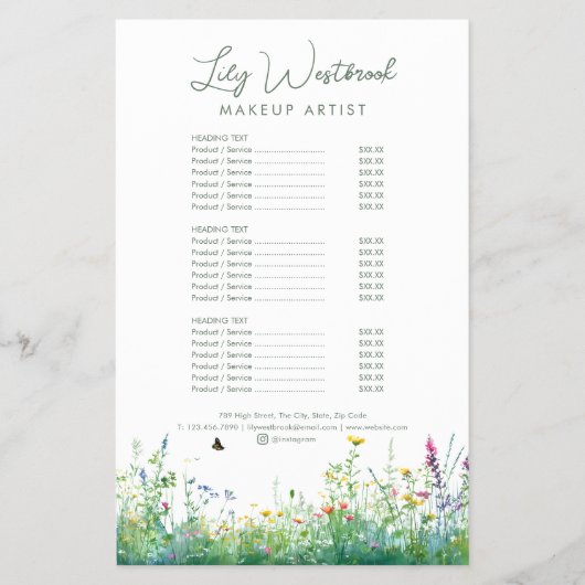 Watercolor Wildflower Floral Script Service Menu チラシ (正面)