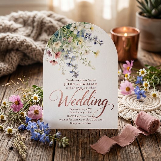 Watercolor Wildflower Meadow Rose Gold Wedding 招待状