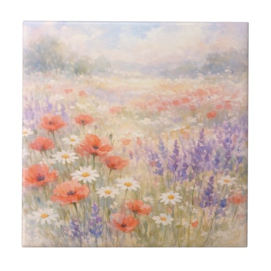 Watercolor Wildflower Meadow Scene タイル (正面)