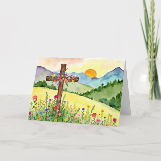 Watercolor Wildflower Mountain Cross 2 Easter シーズンカード (正面)