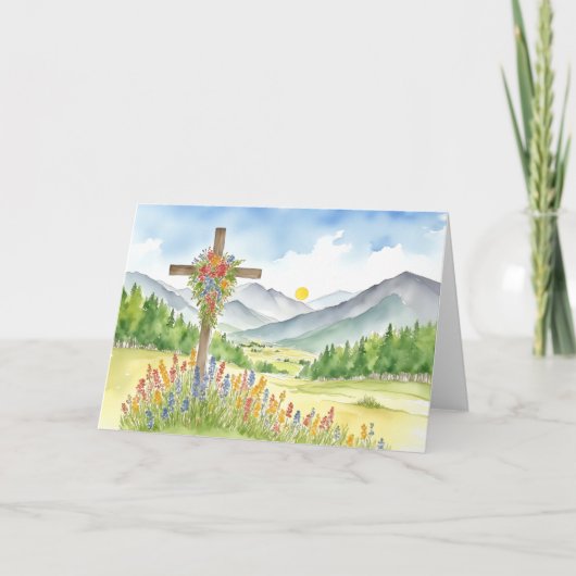 Watercolor Wildflower Mountain Cross 4 Easter シーズンカード (正面)
