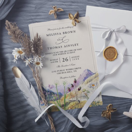 Watercolor Wildflower Mountain QR Code Wedding 招待状