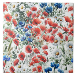 Watercolor Wildflower Poppy Daisy Ceramic Tile タイル
