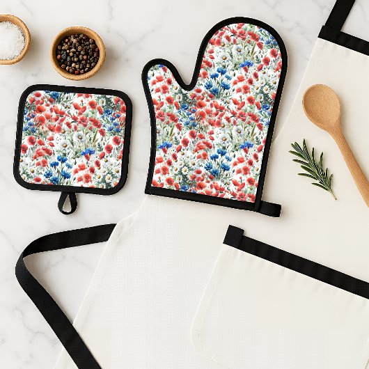 Watercolor Wildflower Poppy Daisy Oven Mitt Set 鍋つかみ&鍋敷きセット