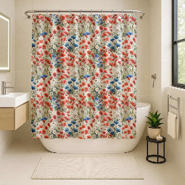 Watercolor Wildflower Poppy Daisy Shower Curtain シャワーカーテン