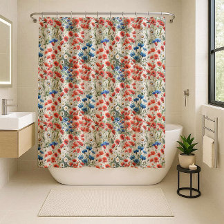 Watercolor Wildflower Poppy Daisy Shower Curtain シャワーカーテン