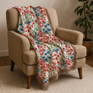 Watercolor Wildflower Poppy Daisy Throw Blanket スローブランケット