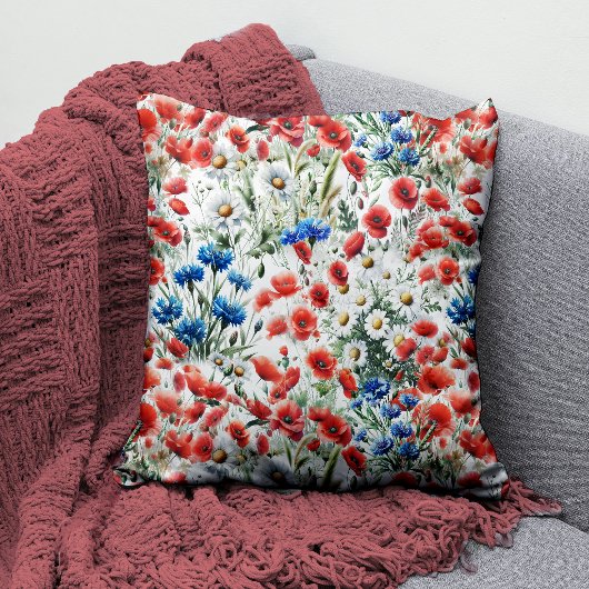 Watercolor Wildflower Poppy Daisy Throw Pillow クッション